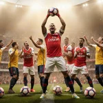 Arsenal player celebrating with ball aloft with teammates surrounding League Cup win and gold-lit crowd