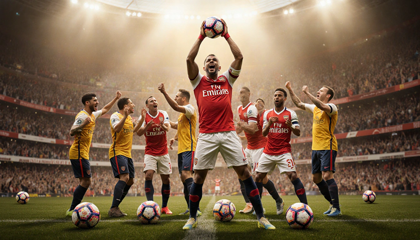 Arsenal player celebrating with ball aloft with teammates surrounding League Cup win and gold-lit crowd