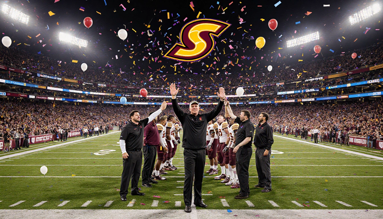 Coach Kenny Dillingham high-fives players with confetti and Arizona State colors in football stadium