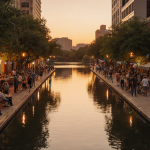People strolling down Austin downtown street with golden sunset light and lake reflection