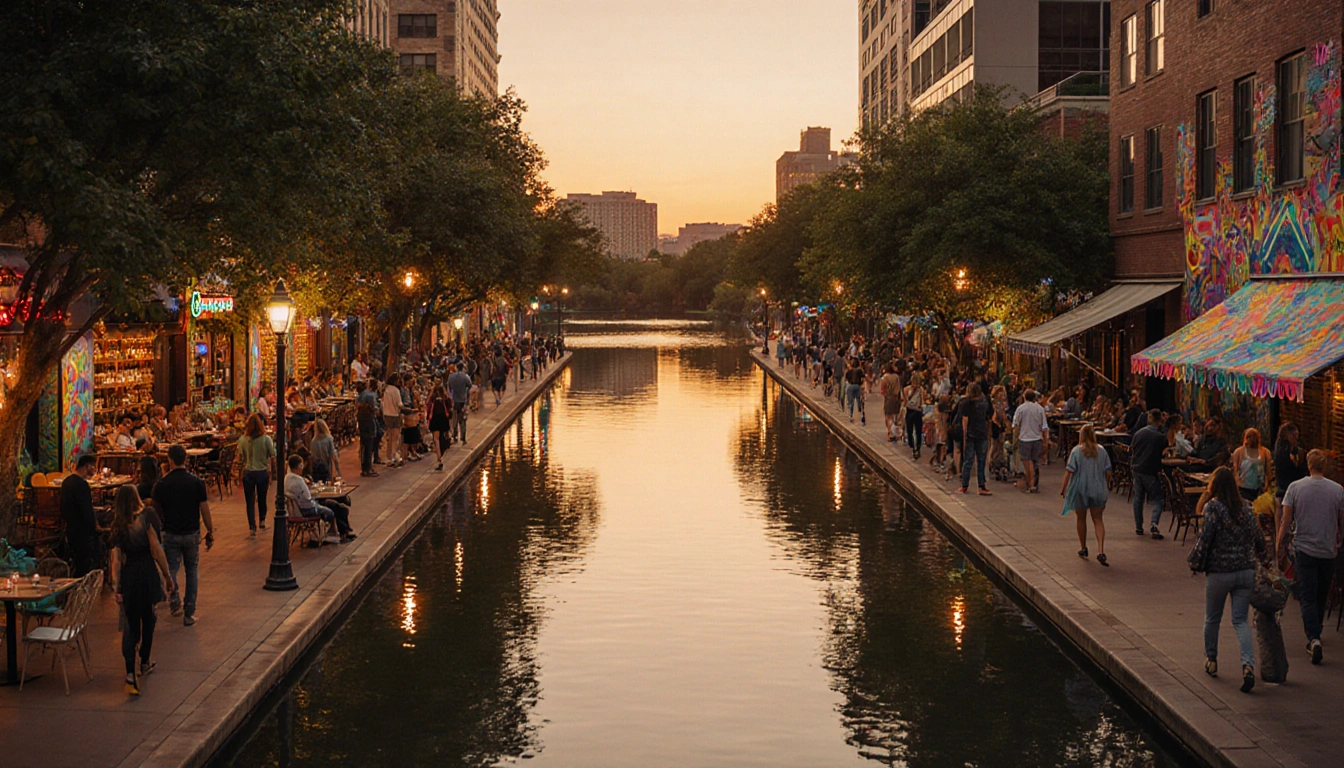 People strolling down Austin downtown street with golden sunset light and lake reflection