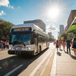 Buses gliding down Guadalupe Street with new bus shelters and green art installations and pedestrians strolling under warm su