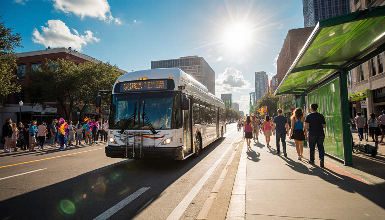 Buses gliding down Guadalupe Street with new bus shelters and green art installations and pedestrians strolling under warm su