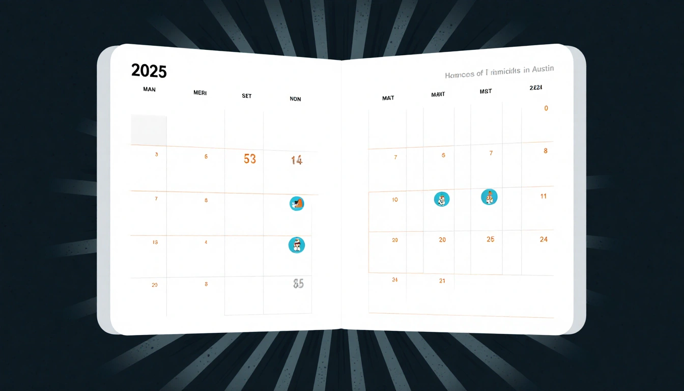 Calendar spread showing monthly homicide counts for Austin 2025 with hub background and icon markers