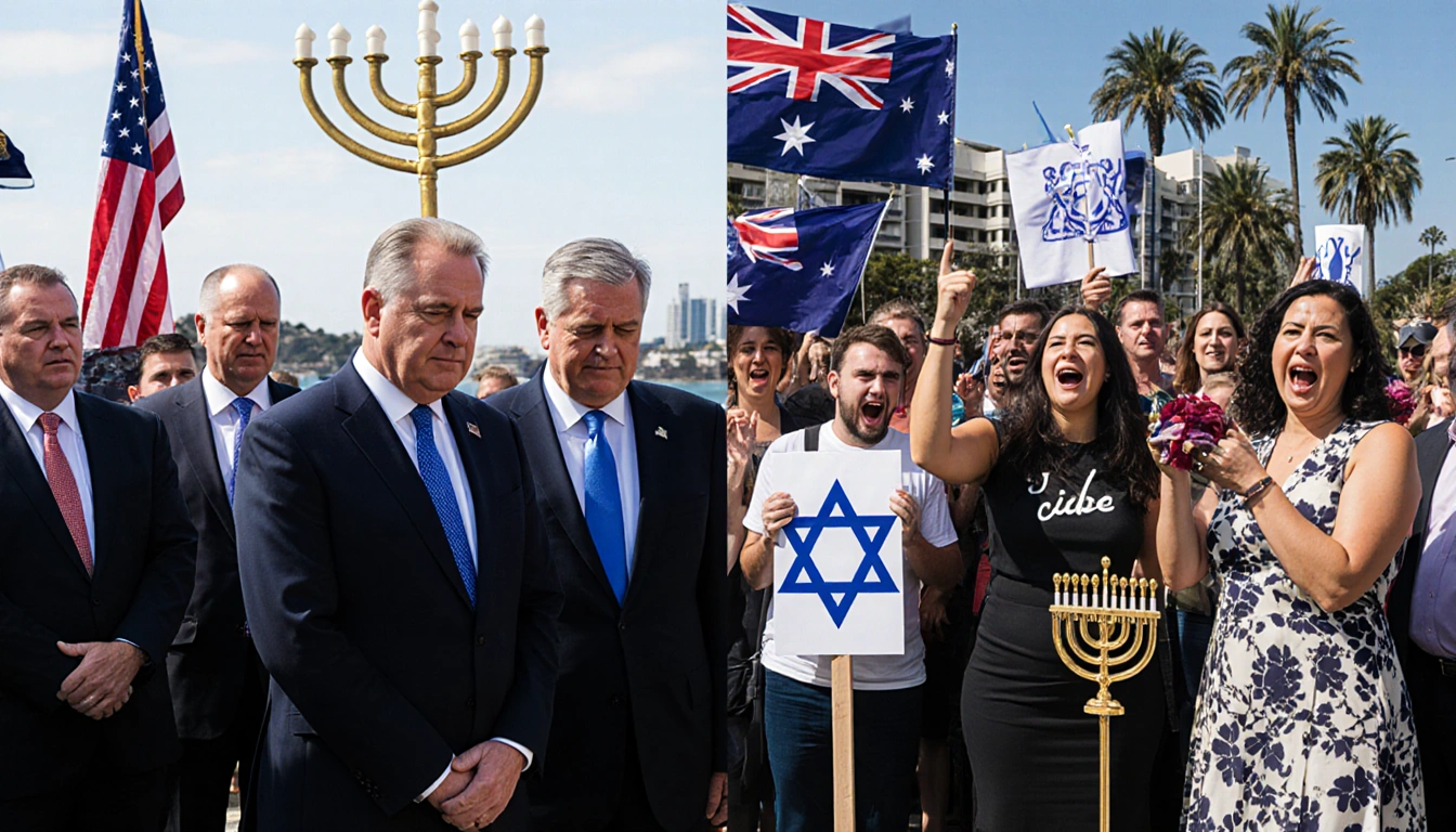 Prime Minister Albanese looks down with protesters booing Sussan Ley cheers supporters under Bondi Beach Aussie flags menorah