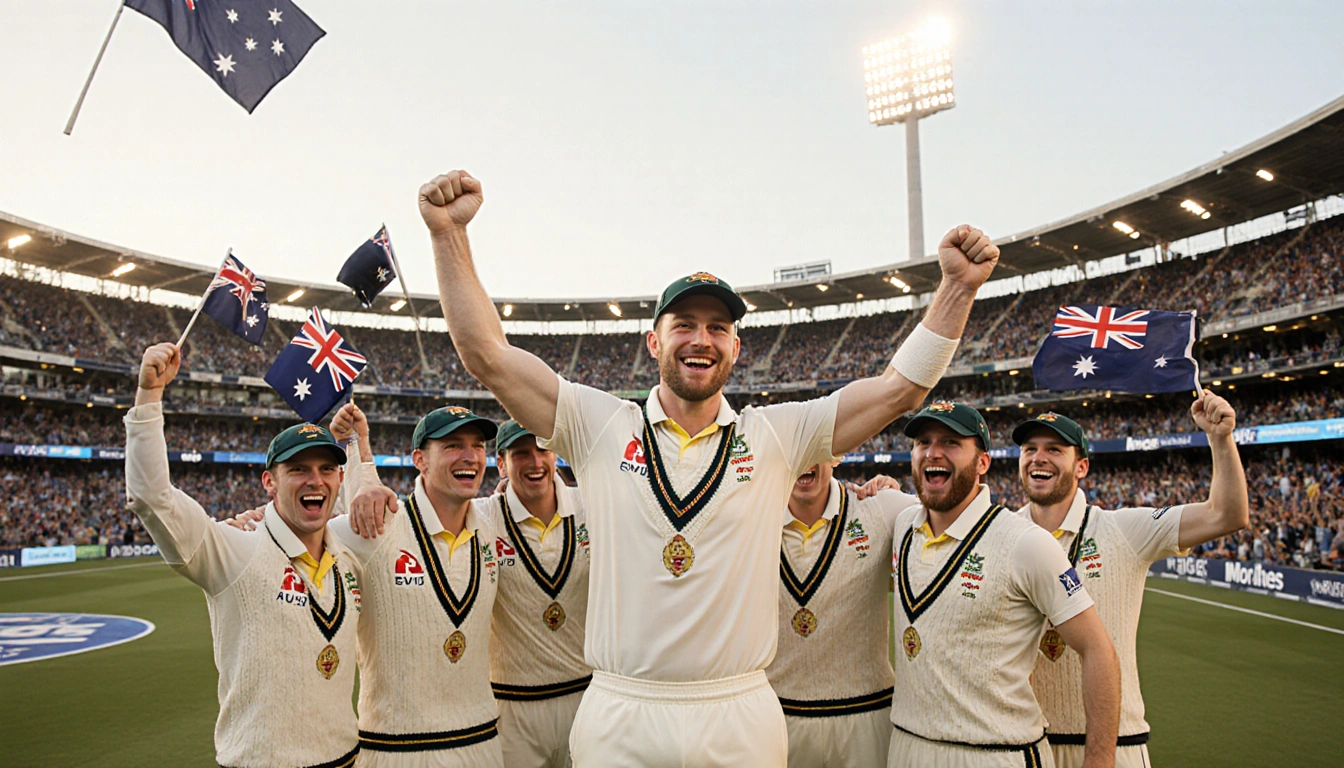 Australian cricket team celebrating victory with captain Pat Cummins raising arms and fans waving Australian flags