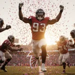 Bijan Robinson celebrating a touchdown with arms raised, golden sunset behind Falcons logo and confetti in air