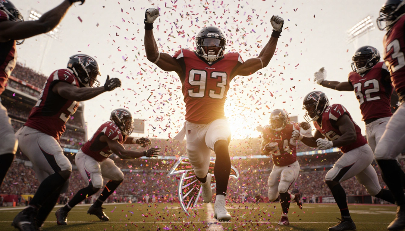 Bijan Robinson celebrating a touchdown with arms raised, golden sunset behind Falcons logo and confetti in air