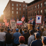 Doug Jones standing at the podium with flags and banners and surrounded by supporters under a sunset glow in Alabama rally