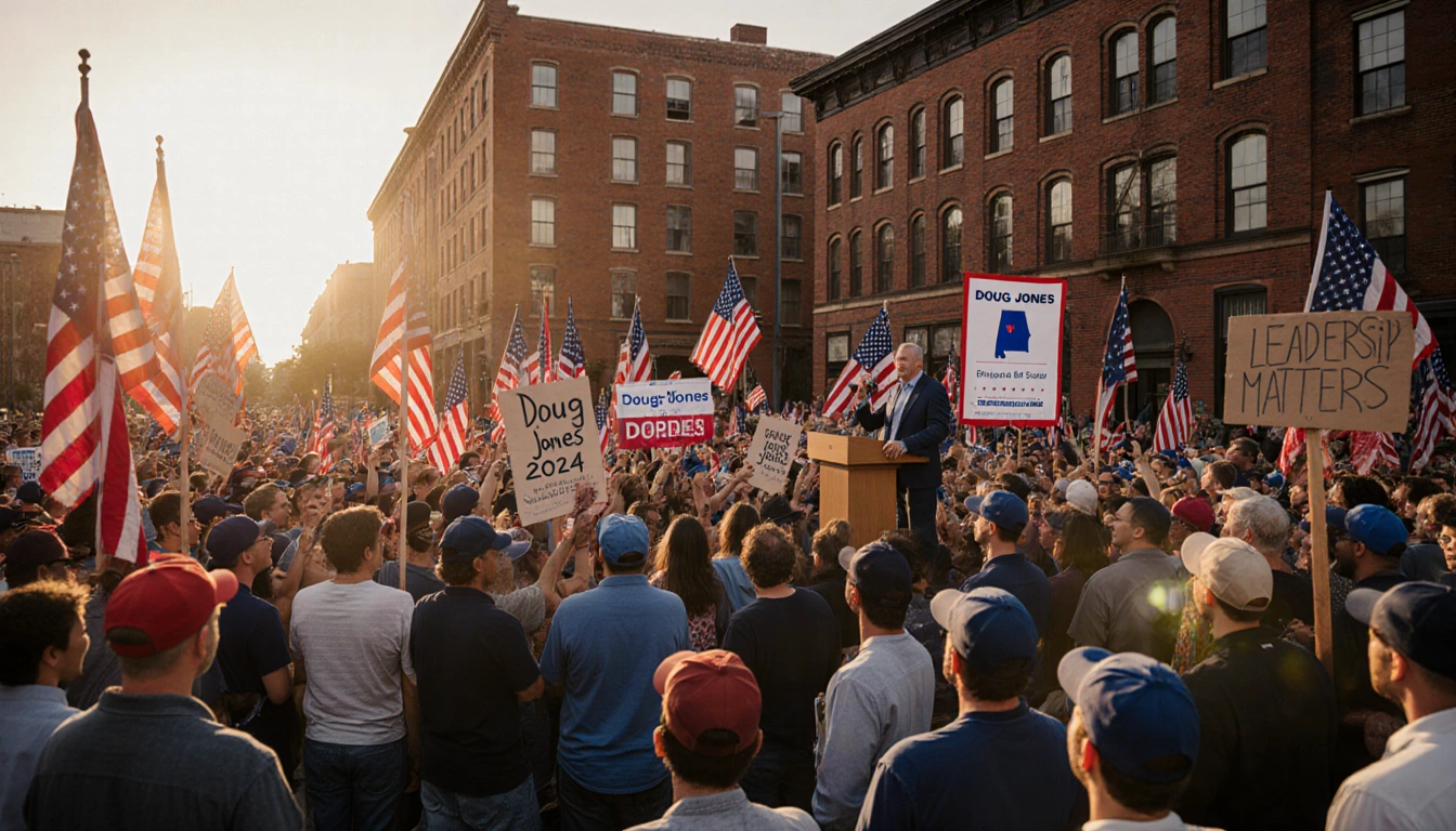Doug Jones standing at the podium with flags and banners and surrounded by supporters under a sunset glow in Alabama rally