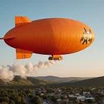 Bright orange blimp hovering above New Braunfels with blue‑to‑golden sky and wispy cloud trail and A24 logo on storefront