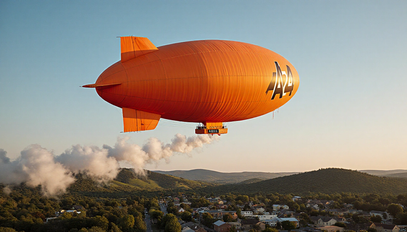 Bright orange blimp hovering above New Braunfels with blue‑to‑golden sky and wispy cloud trail and A24 logo on storefront