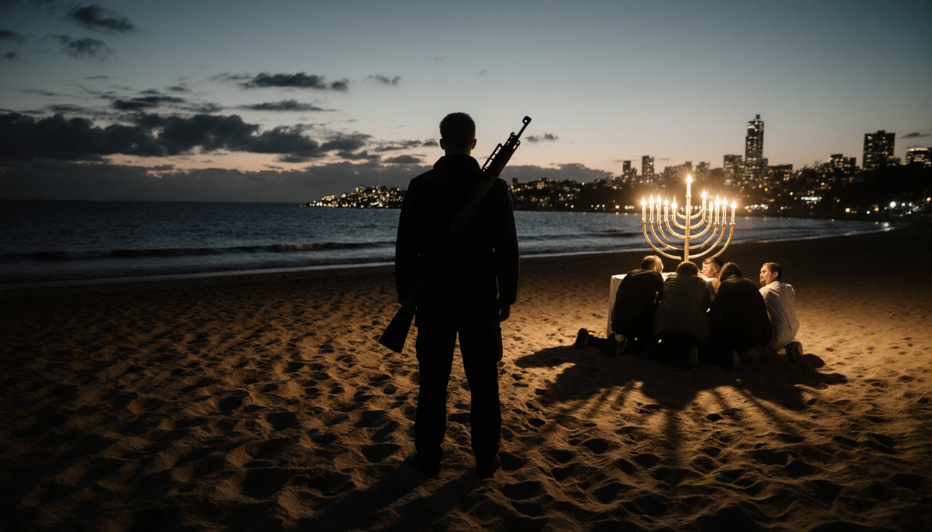 Lone figure standing at Bondi Beach dusk with rifle hint and shocked Hanukkah crowd behind golden light casting long shadows