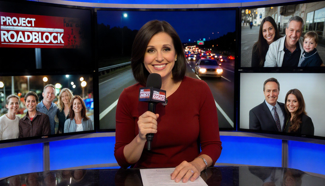 News anchor smiles holding microphone with campaign screens showing drunk-driving tips and highway footage at night