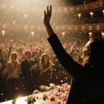 Woman raising hand in triumph with cheering audience in a packed Broadway theater and confetti.