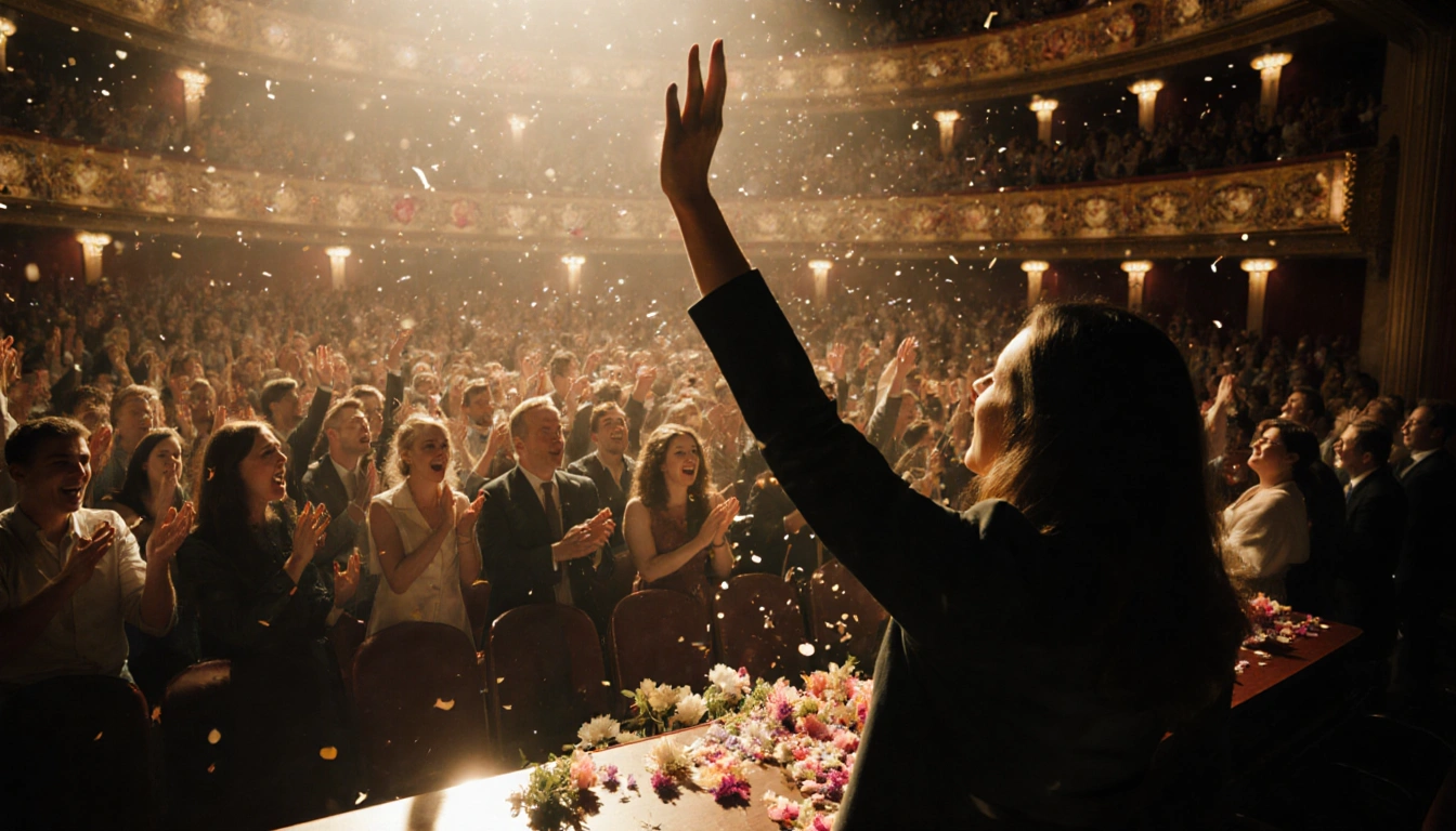 Woman raising hand in triumph with cheering audience in a packed Broadway theater and confetti.