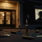 Silhouette of a student gazing out through window of brown engineering building with bullet casing and books nearby