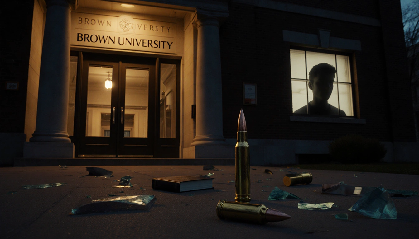 Silhouette of a student gazing out through window of brown engineering building with bullet casing and books nearby