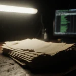 Stack of yellowed papers rests with flickering fluorescent light above and blurred computer screen in background