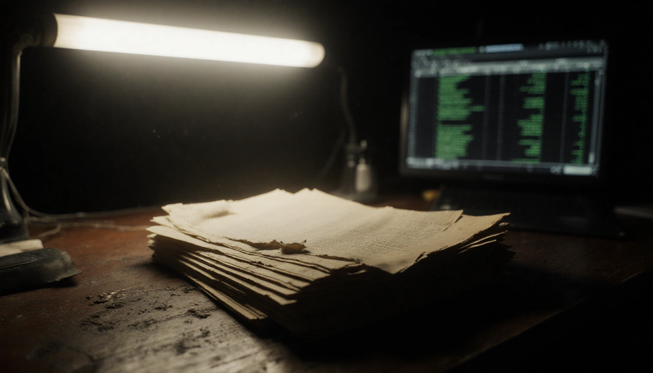 Stack of yellowed papers rests with flickering fluorescent light above and blurred computer screen in background