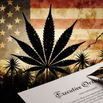 Cannabis leaf silhouette stands with a golden American flag backdrop and a faint pen nib scribbling an executive order.