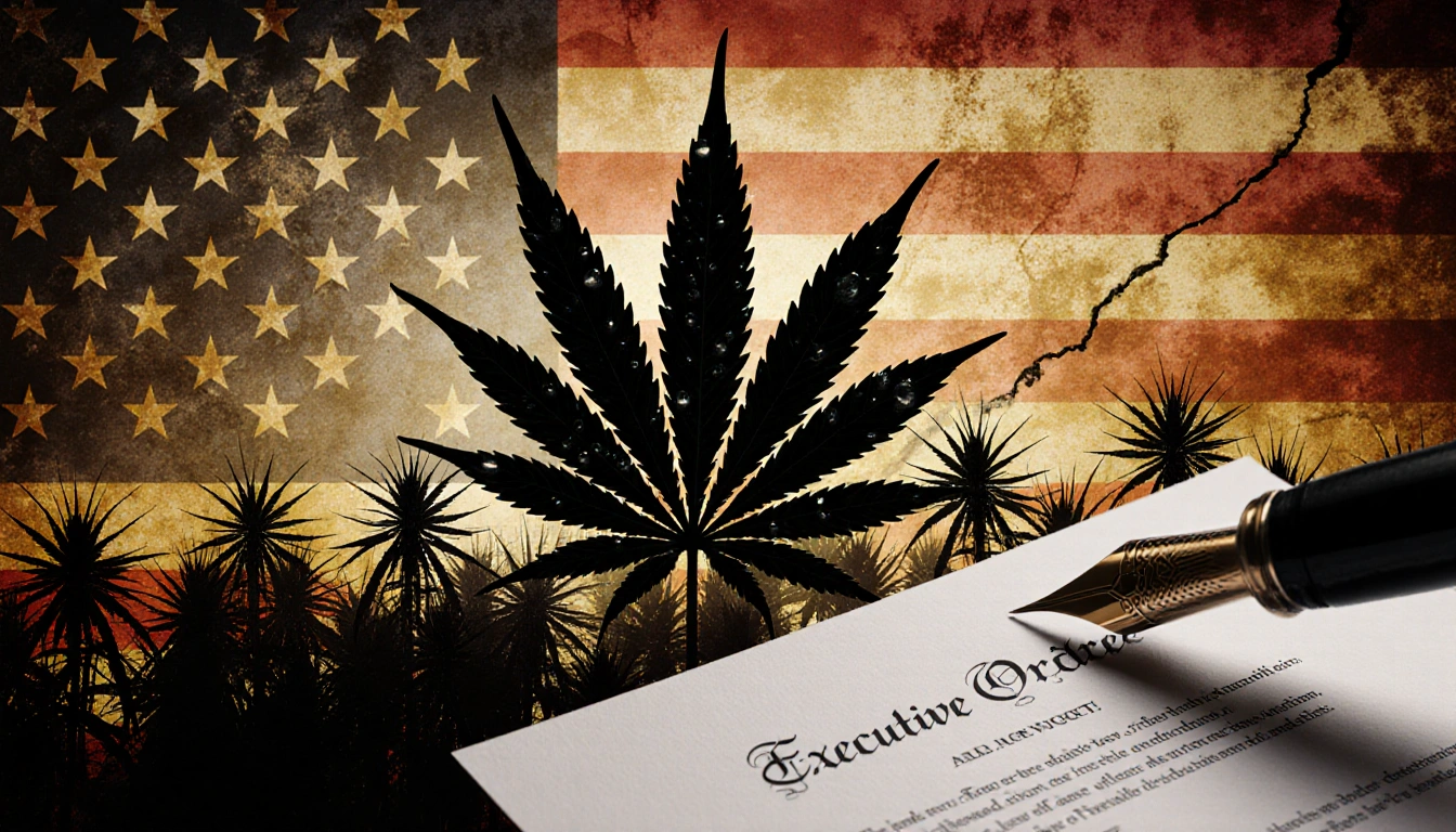 Cannabis leaf silhouette stands with a golden American flag backdrop and a faint pen nib scribbling an executive order.