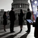 Five European dignitaries stand before Capitol Building with tablets in hands and American flag partially obscured by a hand.