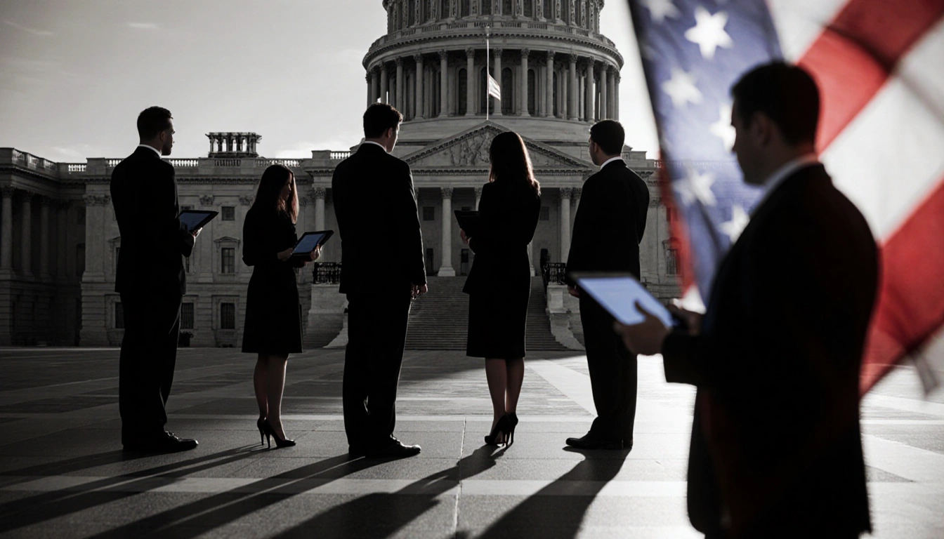 Five European dignitaries stand before Capitol Building with tablets in hands and American flag partially obscured by a hand.