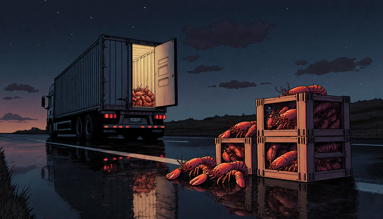 Lobsters spilling from a semi-truck at dusk with wet pavement reflecting sky and security cameras.
