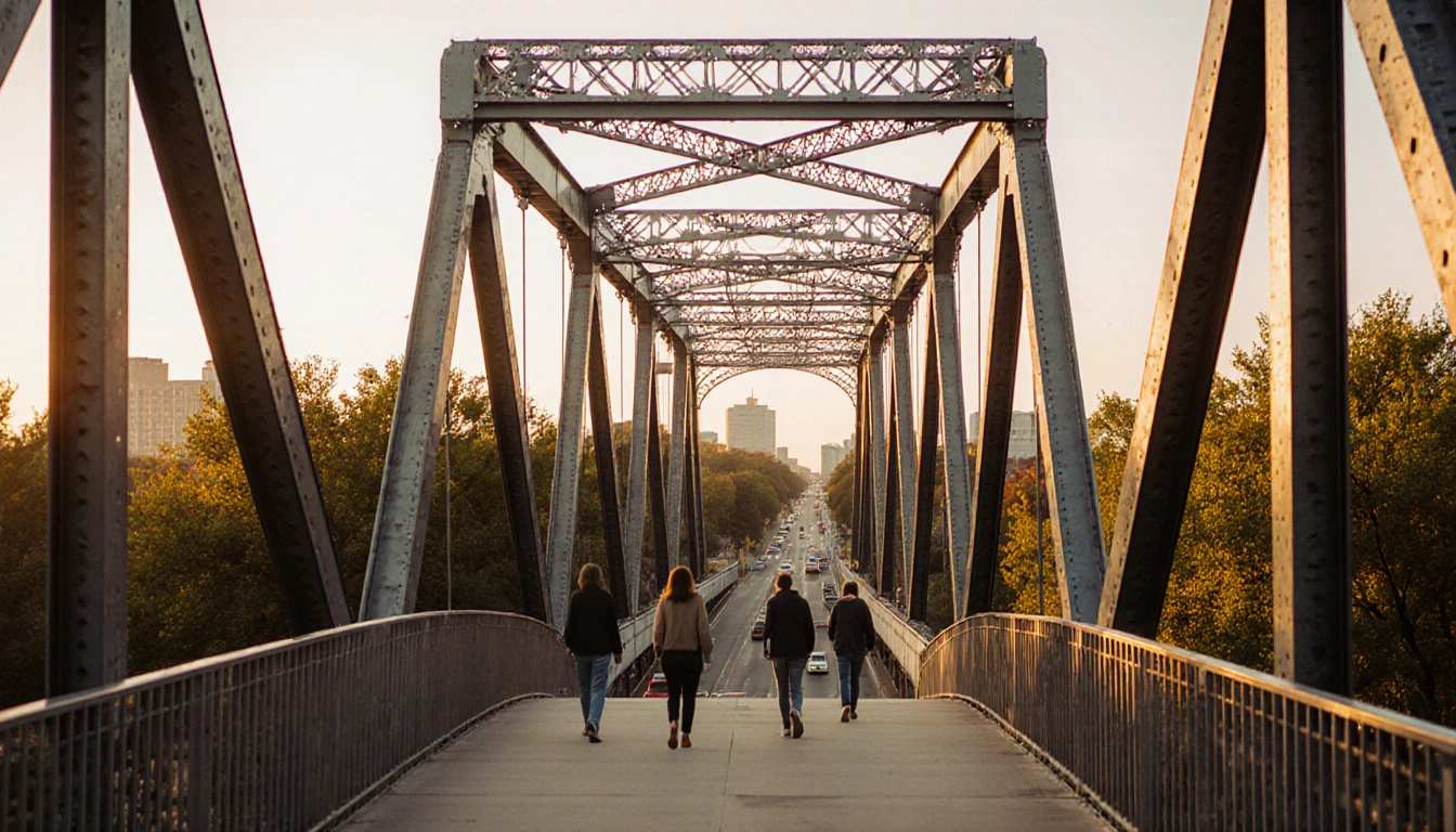 Pedestrians strolling across Cedar Street bridge with warm sunlight glinting on steel arches and green trees in background