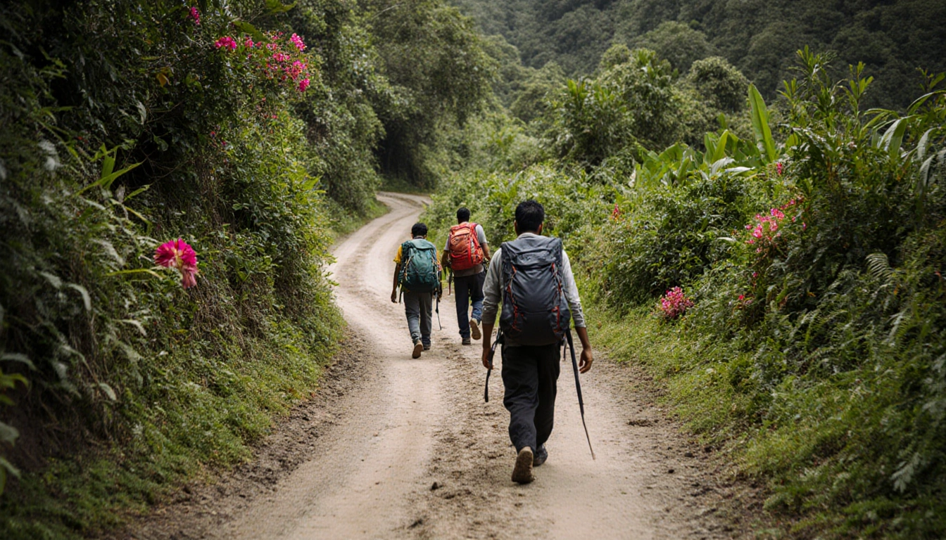 Younis and two companions walking along a dusty trail of a Central American trek with lush green vegetation and tropical flow