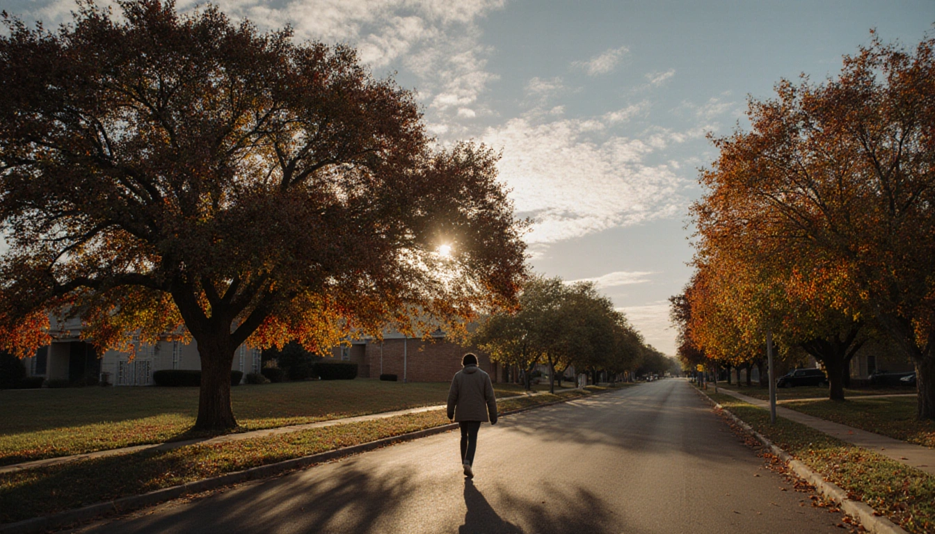 Person strolling down a tree-lined street with oak trees in vibrant fall foliage and dappled sunlight on the pavement