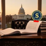 Ornate wooden desk holds open files and a redacted document with CFPB shield logo and flag above sunset skyline backdrop.