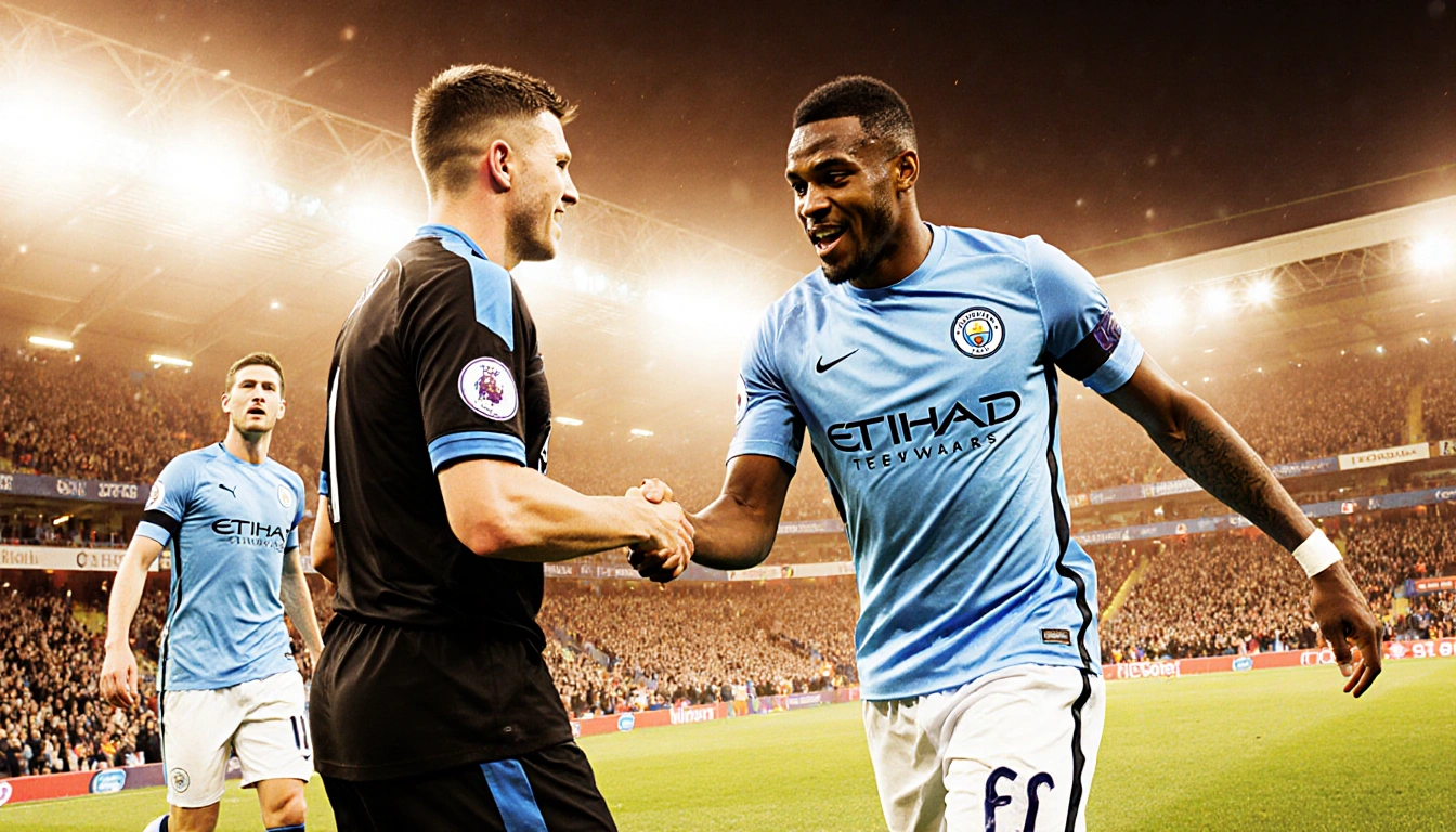 Cherki celebrating League Cup with Erling Haaland shaking hands with Hákon Valdimarsson amid stadium lights cheering crowd.