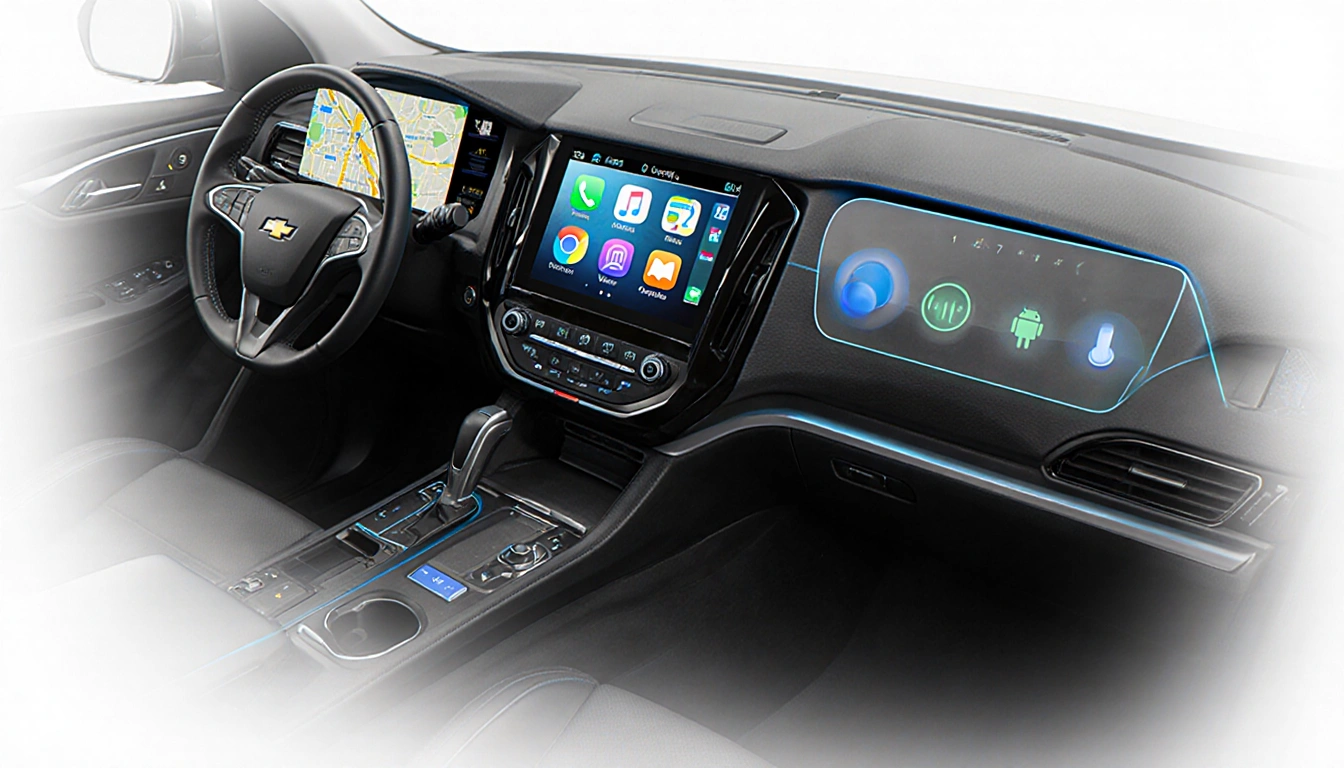 Dashboard compares a 17.7-inch Traverse screen with a 13.2-inch Explorer screen with Google Maps and Apple CarPlay icons