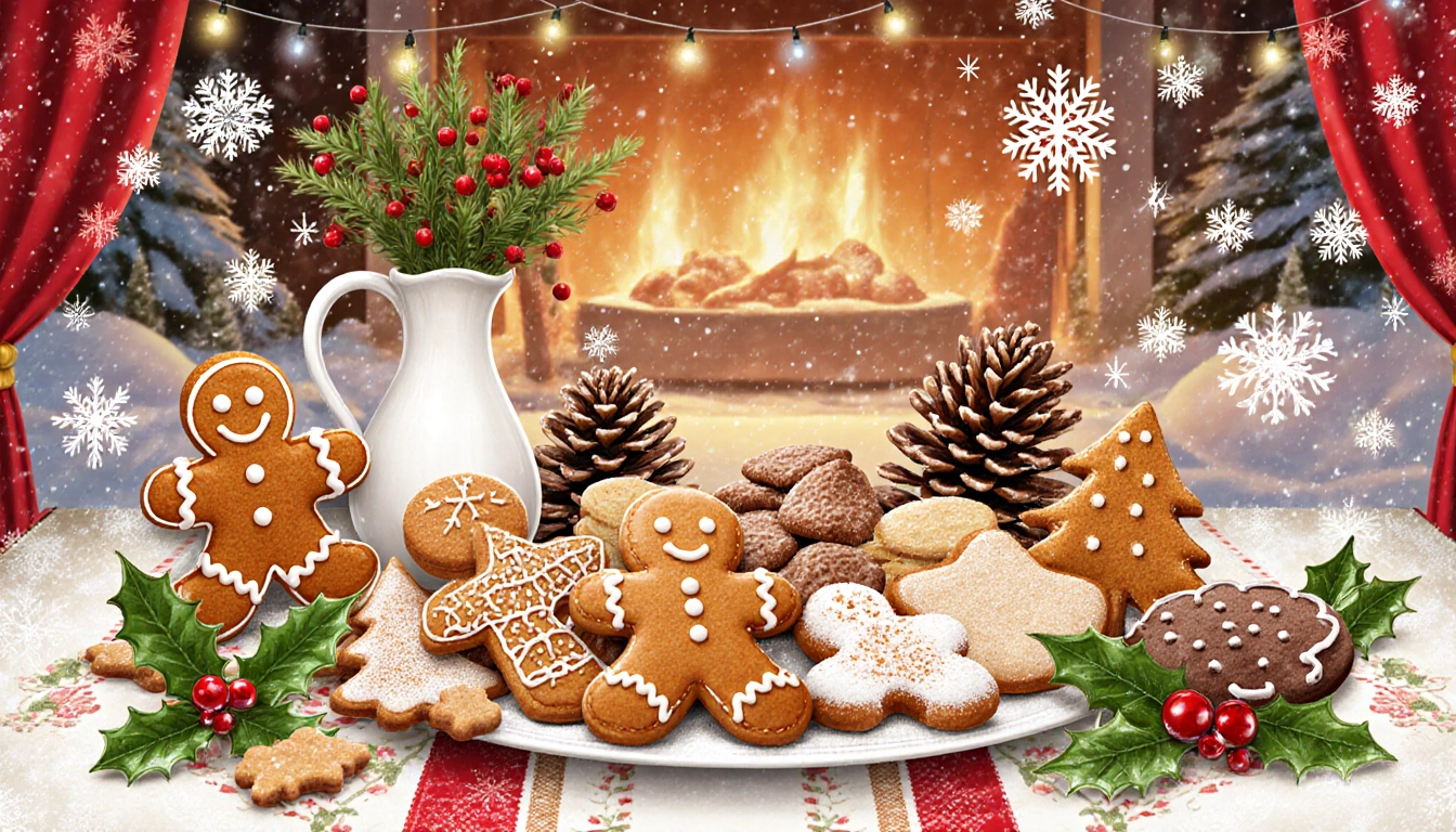 Holiday table arranging Christmas cookies with holly leaves and twinkling lights.