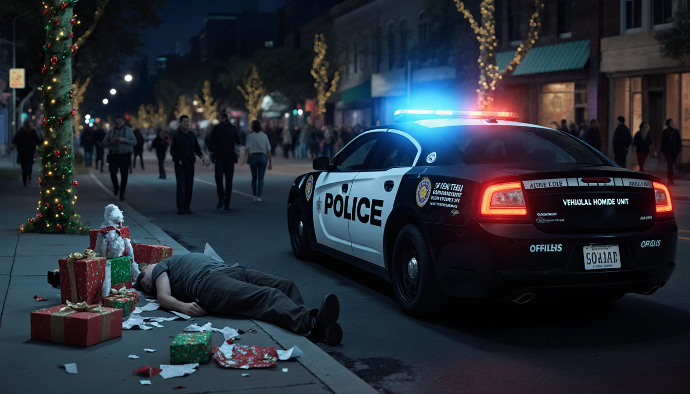 Lone figure lying on city street with police car lights illuminating crash scene and Christmas decorations around in Austin