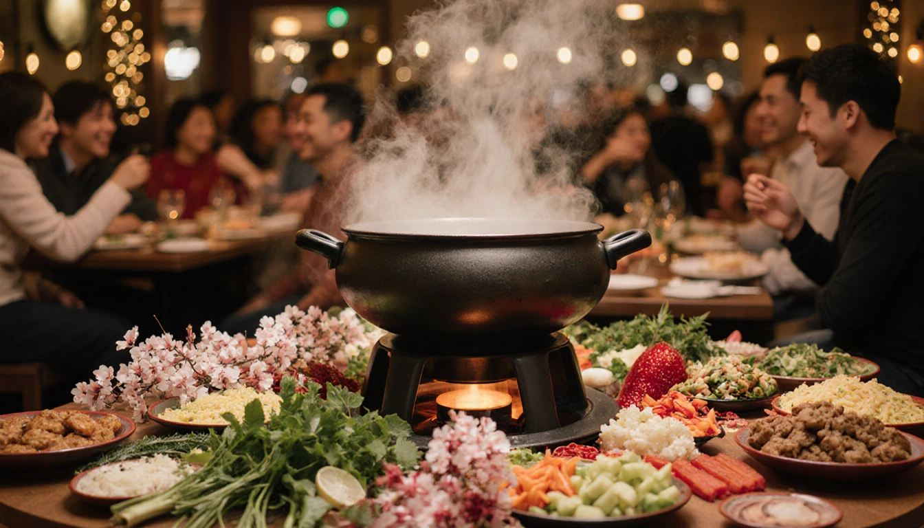 Lively hot pot displays ingredients and decorations with holiday lighting at a Christmas table.