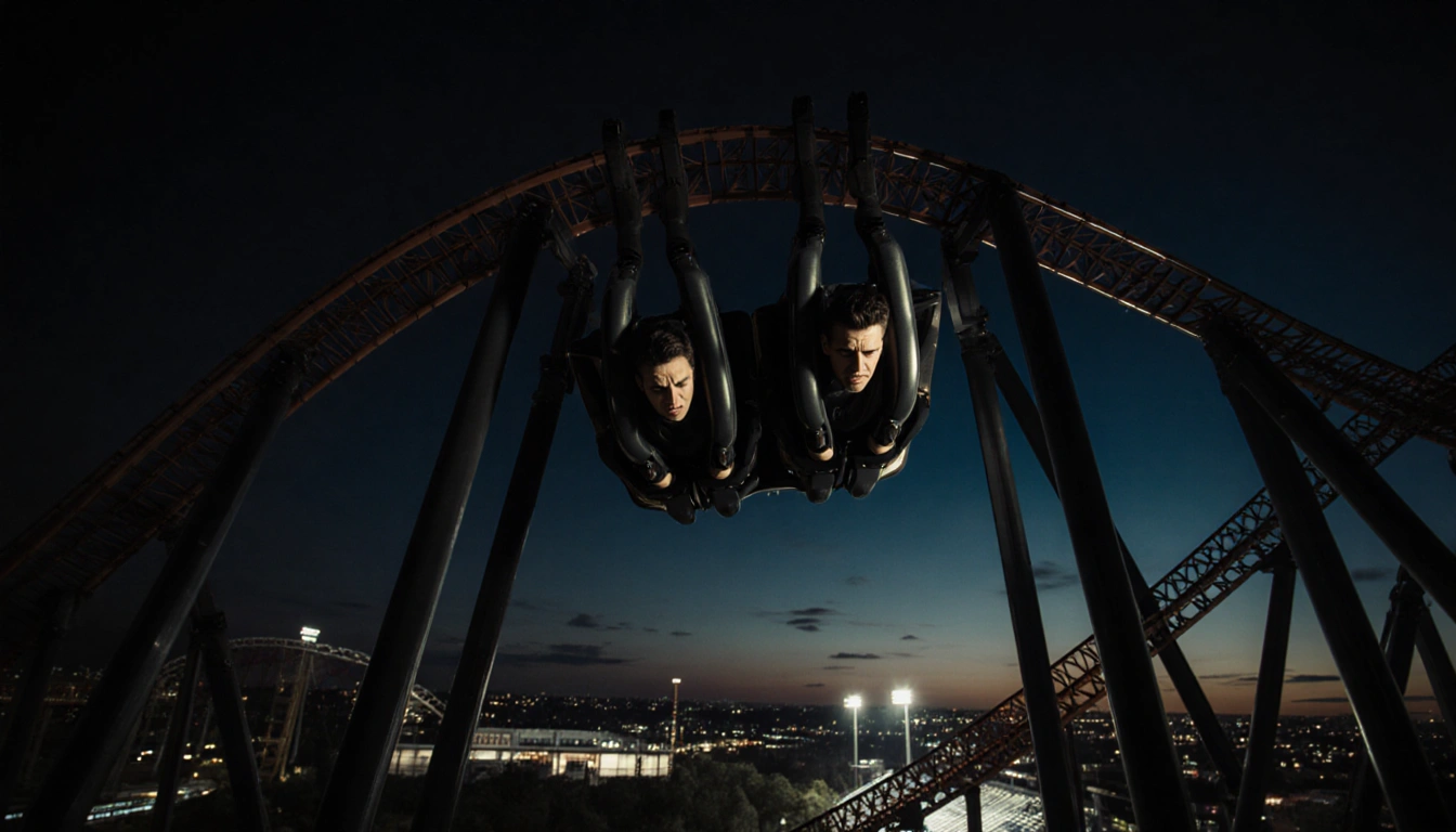 Two riders hanging midair on Circuit Breaker roller coaster at COTA with tense faces and long shadows in dark night sky.
