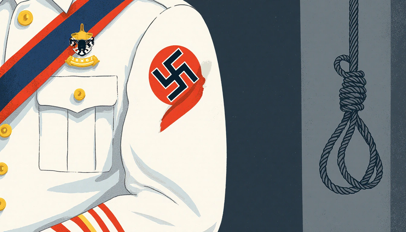 Coast Guard uniform shown with sleeve featuring swastika symbol partially covered and faint noose near corner.