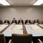 Water negotiators debate allocation with Colorado River Basin maps and an abandoned pen on the table.