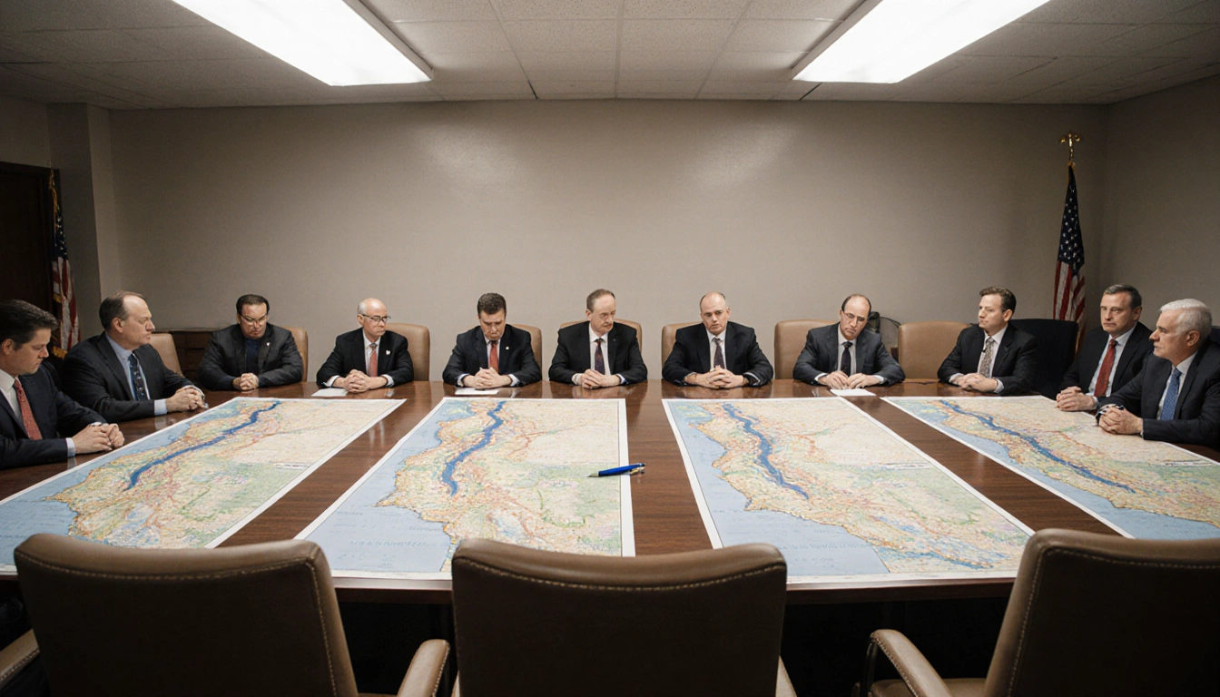 Water negotiators debate allocation with Colorado River Basin maps and an abandoned pen on the table.