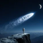 Astronaut gazing at comet tail with shimmering tail across dark blue sky and crescent moon.