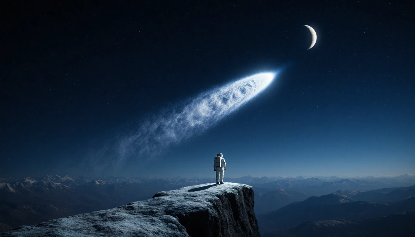 Astronaut gazing at comet tail with shimmering tail across dark blue sky and crescent moon.