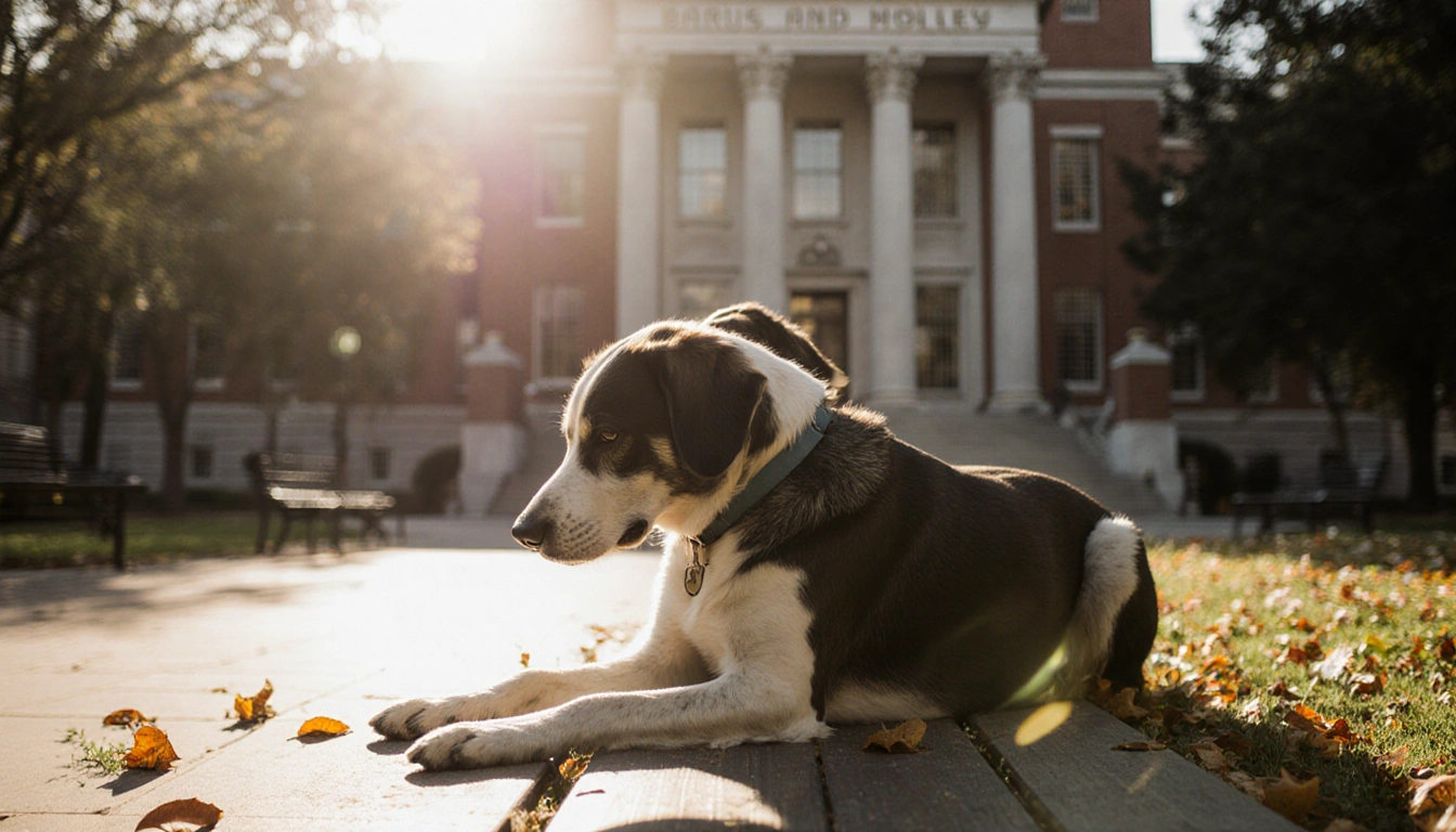 Two dogs sit together on a bench with heads bowed toward each other under warm sunlight and a university building with leaves