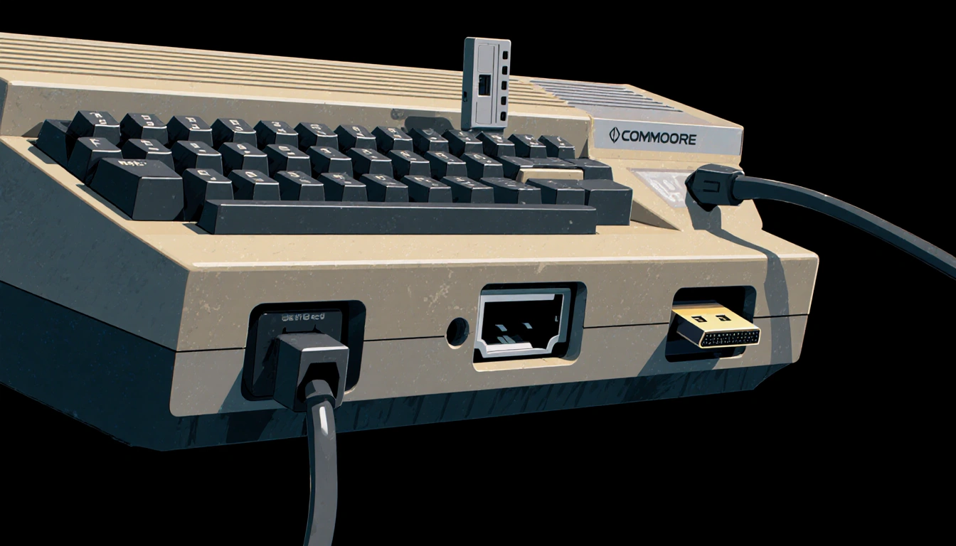 Commodore 64 Ultimate rear panel showing two retro USB-A ports and a cassette-shaped USB stick with an HDMI cable extending