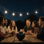 People laughing while sharing stories with warm string lights and a vintage bowling ball symbolizing community revival