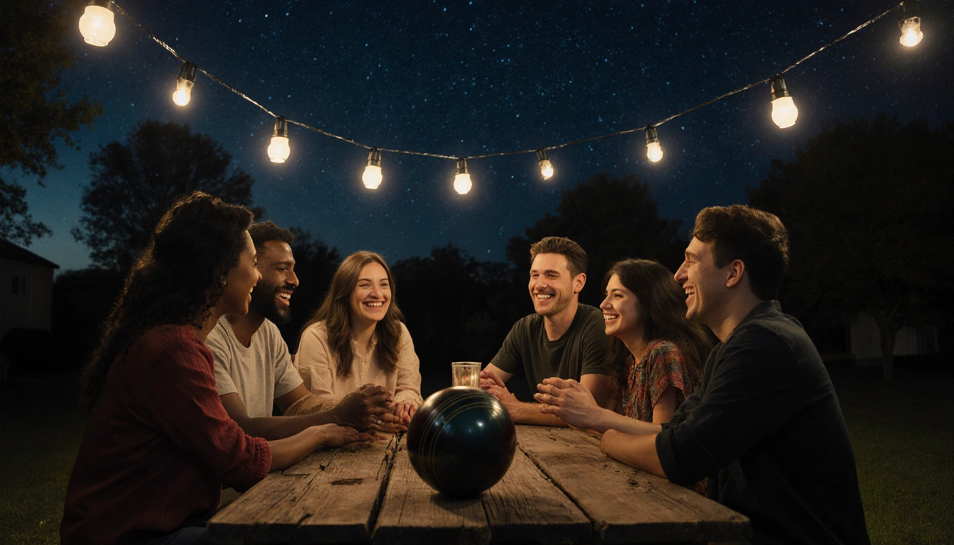 People laughing while sharing stories with warm string lights and a vintage bowling ball symbolizing community revival