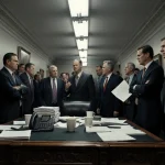 Republicans arguing around a cluttered desk with papers and coffee cups in a dimly lit Congressional hallway