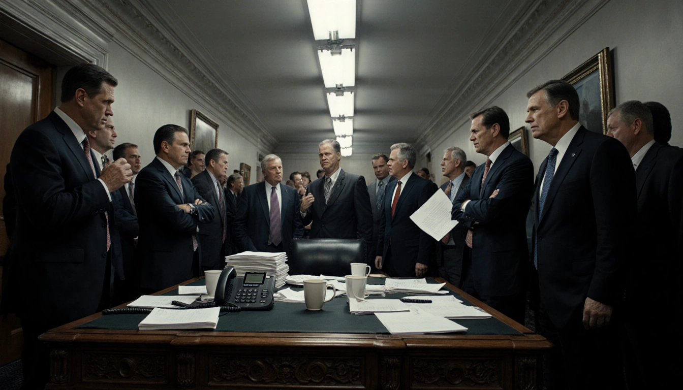 Republicans arguing around a cluttered desk with papers and coffee cups in a dimly lit Congressional hallway